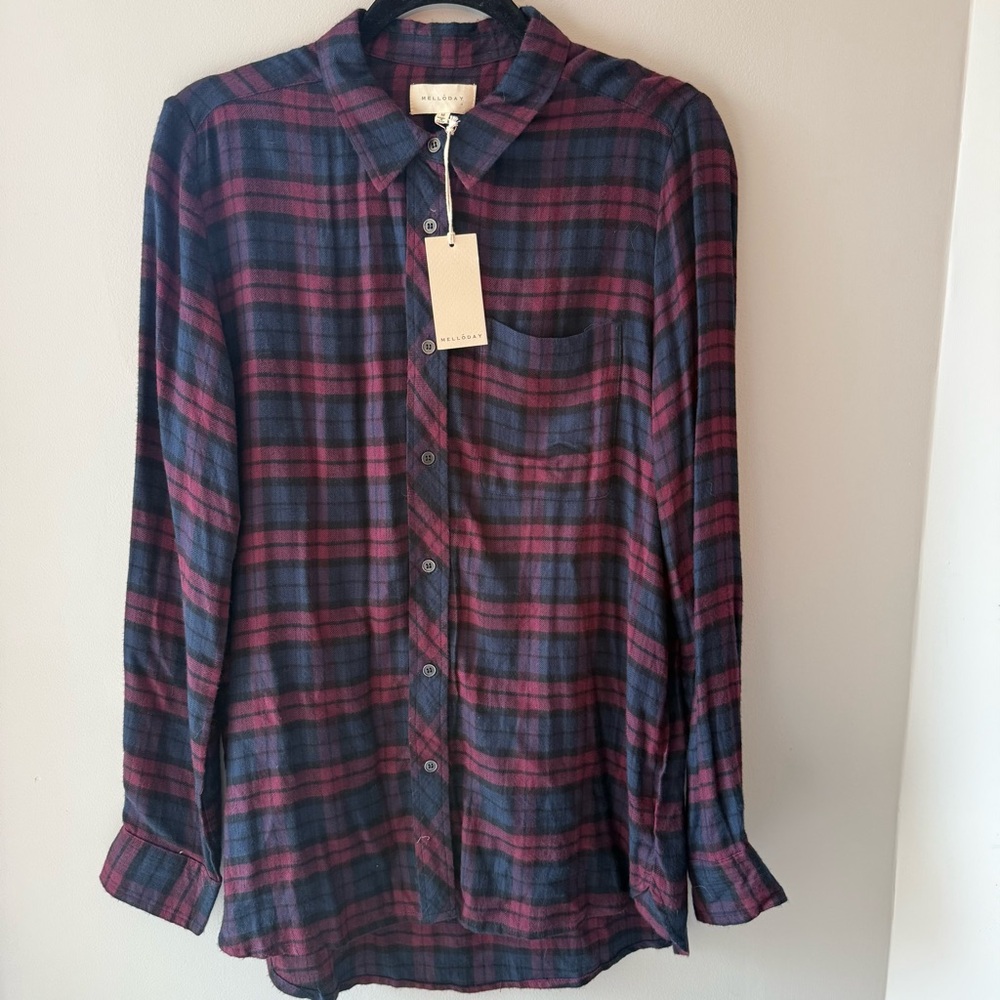 MELLODAY Navy Black and Burgundy Plaid Shirt women’s size medium NWT #151